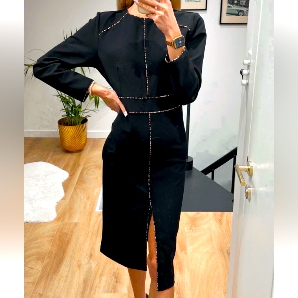 Zara Black long sleeve Front Slit midi fitted Dress M Basic Work Staple Office
